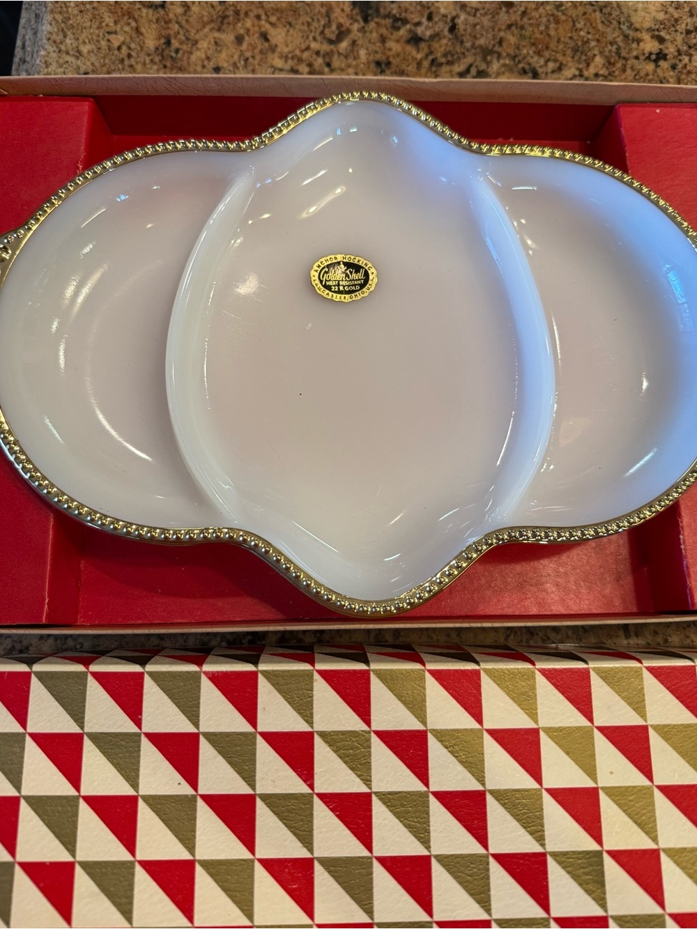 VINTAGE FIRE KING milk glass 3 section divided dish 22K gold trim NEW in box